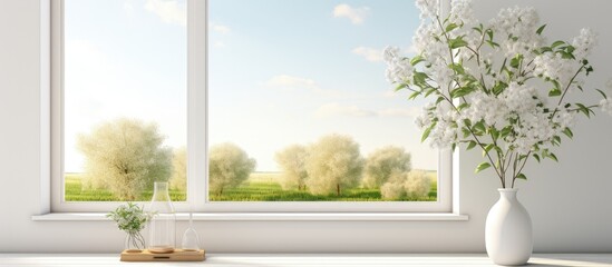 Scandinavian interior with summer landscape in window.