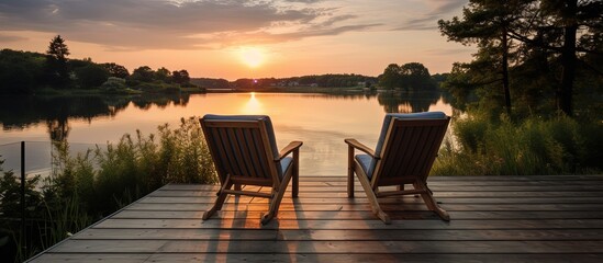 Obraz premium Lake views at sunset from wooden chairs on the deck.