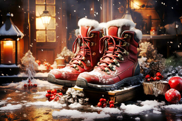 Santa Claus shoe - Santa Claus boot with christmas ambient - obrazy, fototapety, plakaty