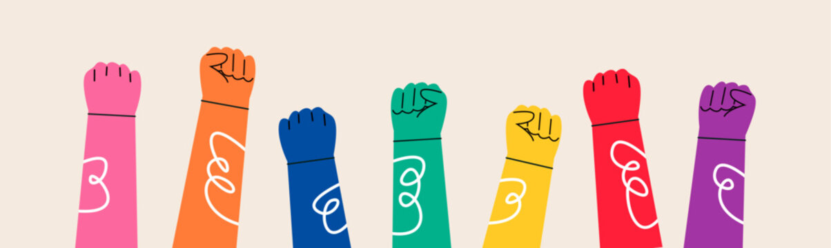 Diverse Hands Protest. Political meeting and protest concept. Colorful vector illustration