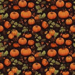 seamless pattern of pumpkins, oak leaves and berries on brown background. autumn illustration - 645156743