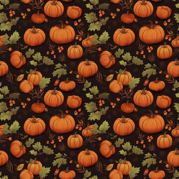 seamless pattern of pumpkins, oak leaves and berries on brown background. autumn illustration