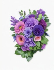 Bouquet of purple and pink flowers on a white background. Generative AI.