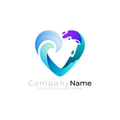 Heart logo with water swoosh design template, blue color, wave icons