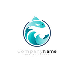 Abstract fish logo with circle design vector, blue color, fish and wave