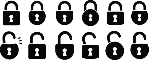 set of lock and unlock icons. locked black flat icons collection. security symbol. Lock Icon in trendy flat style isolated on white background. Security symbol for your web site design, logo, app.