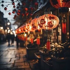 Chinese lanterns on the street with lights, cozy atmosphere on new year