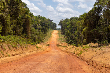 Driving on the famous earth road Transamazonica towards Santarém through the Amazon rainforest in...