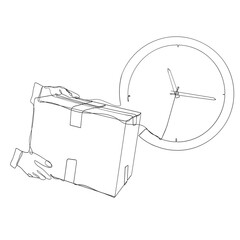 continuous line drawing person holding package box with time sign illustration