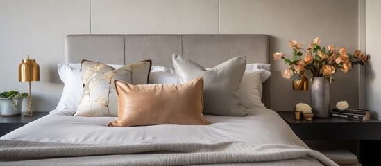 Neutral grey tones used in interior photography of inner city apartment bedroom with retro and modern decor objects, including bed cushions and bedside table lamps.