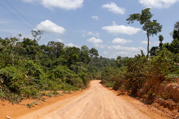 Fototapeta na wymiar Driving on the famous earth road Transamazonica towards Santarém through the Amazon rainforest in dry season in northern Brazil, South America