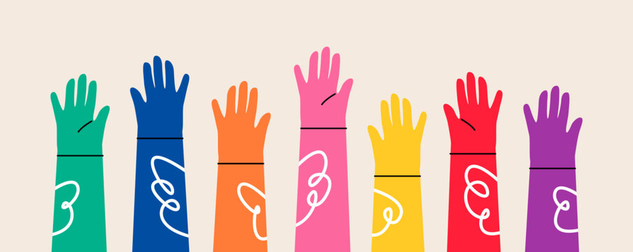 Set of hands raised up. Concept of  volunteer community. Colorful vector illustration