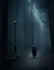 Mysterious dark foggy alley in the night. Silhouette of a woman in a long black cloak. Generative AI.
