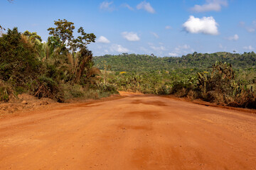 Driving on the famous earth road Transamazonica towards Santarém through the Amazon rainforest in dry season in northern Brazil, South America - obrazy, fototapety, plakaty