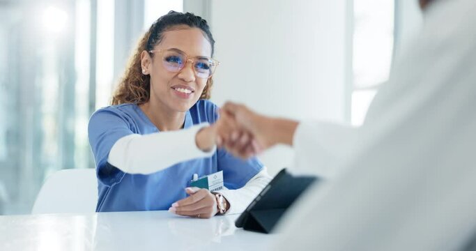 Handshake, interview and doctor hiring or partnership with happiness, trust and welcome to hospital for healthcare. Help, support and people in meeting, congratulations for promotion with health