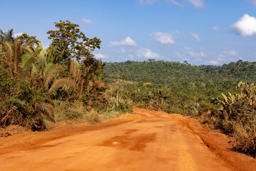 Driving on the famous earth road Transamazonica towards Santarém through the Amazon rainforest in...