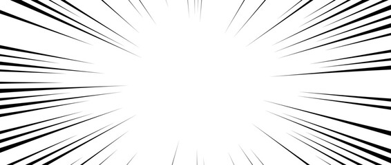 Radial speed lines background. Comic book explosion lines wallpaper. Abstract black and white flash frame design. Manga or anime cartoon light ray or beam sunburst. Vector blast or bang effect