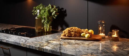 Gray ceramic backsplash compliments modern granite countertop with golden gift box.