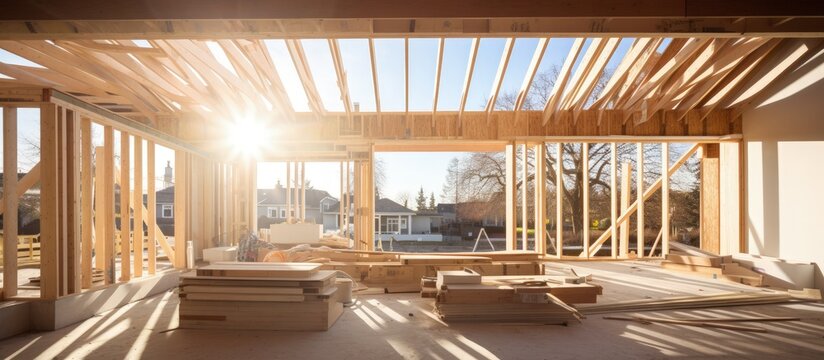Wooden beams provide support in the frame of a new house being built.