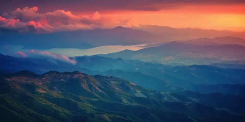 Incredible mountain landscape with a river in the distance at dawn. AI Generation 