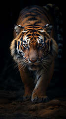 the photo of a walking tiger on a black background, in the style of dutch realism