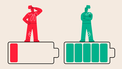 Life energy. Woman with red low battery, woman with green full level. Colorful vector illustration