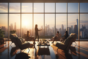 Fototapeta na wymiar Business people meeting in modern office with panoramic window and city view