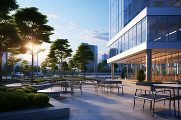 Modern office building with glass facade and outdoor terrace. 3d rendering