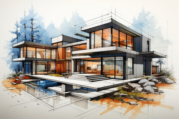 3d rendering of modern cozy house with pool Black line sketch with watercolor background.