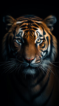 a close up image of tiger face in a black background