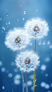 a  snowy dandelions in front of a blue background, in the style of nature-inspired forms, ethereal images
