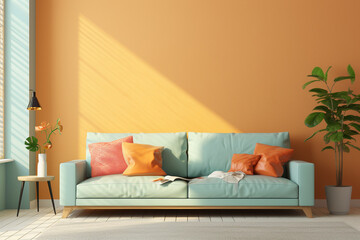 Interior of modern living room with orange walls, wooden floor and white sofa with orange cushions