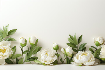 White peony flowers with green leaves on white background, top view