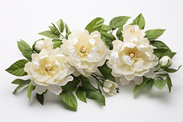 Fototapeta na wymiar White peony flowers with green leaves on white background, top view