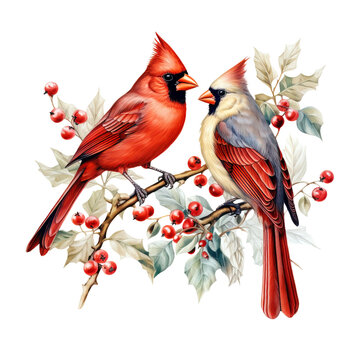 A Christmas red cardinals bird on holly branch with green leaves and red berries Clipart isolated on Transparent Background.