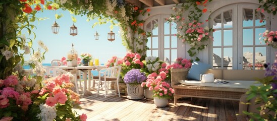 Fototapeta na wymiar Flower-filled house terrace in summer.