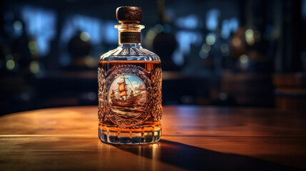 Bottle of amber color premium alcohol, isolated on white background. Ideal for mock-up of whisky, brandy, cognac or rum design.