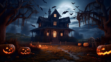 Horror Halloween haunted house lite by a full moon at midnight