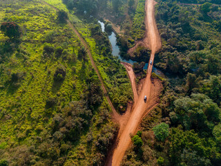 Drone shot of the famous earth road Transamazonica towards Santarém in dry season through the...