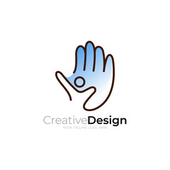 People care logo and hand design vector, line style design , blue