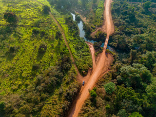 Drone shot of the famous earth road Transamazonica towards Santarém in dry season through the...
