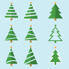 Vector set of cartoon Christmas pine trees for greeting cards, invitations, banners, web, new year and traditional christmas tree symbols, stars.Winter holidays icon collection.