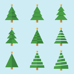 Vector set of cartoon Christmas pine trees for greeting cards, invitations, banners, web, new year and traditional christmas tree symbols, stars.Winter holidays icon collection.