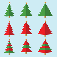Vector set of cartoon Christmas pine trees for greeting cards, invitations, banners, web, new year and traditional christmas tree symbols, stars.Winter holidays icon collection.