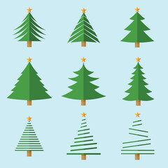 Vector set of cartoon Christmas pine trees for greeting cards, invitations, banners, web, new year and traditional christmas tree symbols, stars.Winter holidays icon collection.