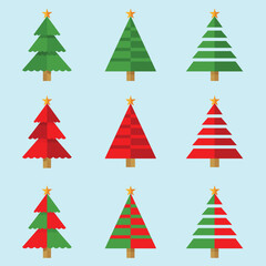 Obraz premium Vector set of cartoon Christmas pine trees for greeting cards, invitations, banners, web, new year and traditional christmas tree symbols, stars.Winter holidays icon collection.