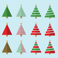 Vector set of cartoon Christmas pine trees for greeting cards, invitations, banners, web, new year and traditional christmas tree symbols, stars.Winter holidays icon collection.