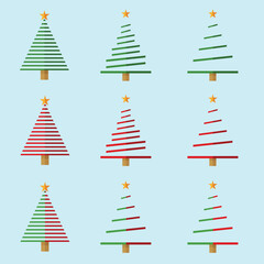 Vector set of cartoon Christmas pine trees for greeting cards, invitations, banners, web, new year and traditional christmas tree symbols, stars.Winter holidays icon collection.