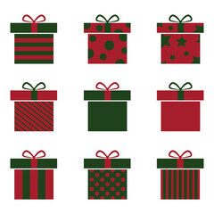 Set of Vector Christmas gift boxes  with ribbon bow isolated on a white background. modern holiday surprise box. Realistic vector icon for birthday or Christmas Party