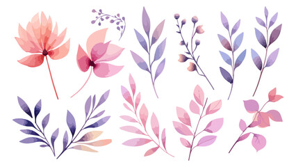 Fototapeta na wymiar Set watercolor elements of pink roses; collection garden flowers; leaves; branches. Botanic. Watercolor vector set of fall branches isolated on a white background. Beautiful floral set with watercolor